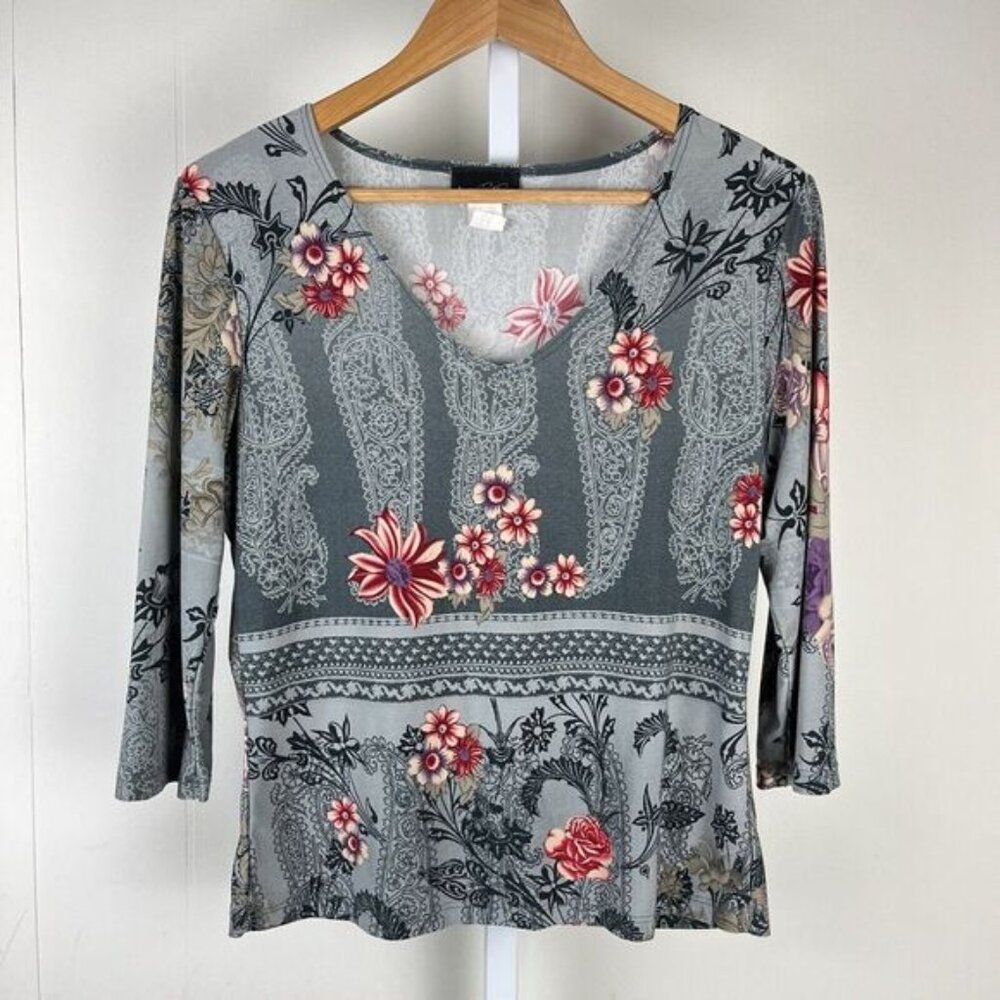 Vintage Y2K Brittany Black Top Floral Paisley Gray Pink Soft Womens‎ Medium